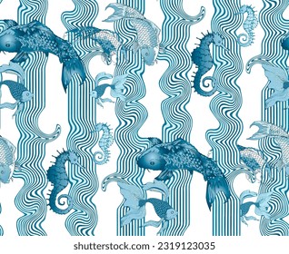 Seamless pattern japanese fish blue color.