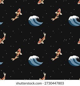 Seamless pattern with Japanese fish and waves on a dark background. Koi fish.
