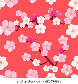 seamless pattern of Japanese flowering cherry tree branches with buds on a pink background vector illustration