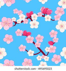seamless pattern of Japanese flowering cherry tree branches with buds on a blue background vector illustration