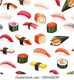 Seamless pattern japanese food background for seafood sushi rolls shop design. Vector illustration.