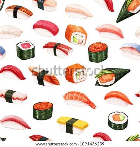 Seamless pattern japanese food background for seafood sushi rolls shop design. Vector illustration.