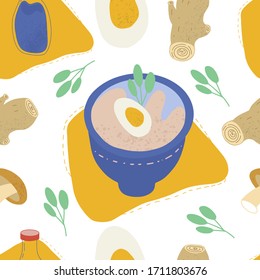 Seamless pattern japanese food. Hand drawn seamless pattern with noodles in bowl. Eggs and ramen, asian food. Vector illustration with doodles, groceries