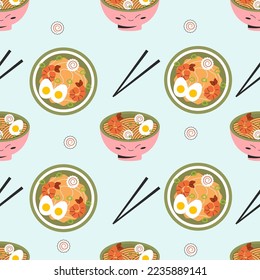 Seamless pattern with japanese food ramen soup chopstick. Vector stock illustration on blue background in flat style
