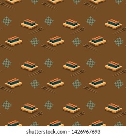 Seamless pattern japanese food with salmon eggs or ikura set in wooden plate. Use for printing on textiles, t-shirt, cards, wrapping paper, poster, fabric print. Vector illustration. 