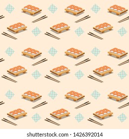 Seamless pattern japanese food with set of raw salmon rice ball in wooden plate. Use for printing on textiles, t-shirt, cards, wrapping paper, poster, fabric print. Vector illustration. 