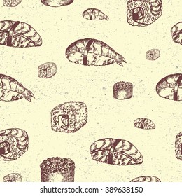 Seamless pattern. Japanese food. Sushi vector sketch. Vintage hand drawn illustration.