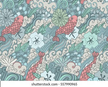 Seamless pattern with japanese garden flowers and carps. Tile background for your design, fabric textile, wallpaper or wrapping paper. Beautiful doodle fish and plants