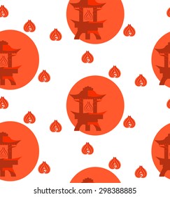 Seamless pattern with a Japanese garden lantern and stylized flames on a light background.
