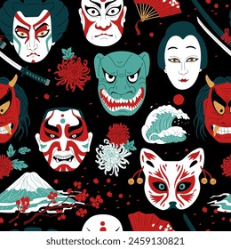 Patrón sin costuras con máscaras japonesas Kabuki, ramas sakura y hogambana sobre un fondo negro. Ilustración vectorial ideal para diseños únicos de Fondo de pantalla y textil.