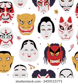 Patrón sin fisuras con máscaras de teatro japonés Kabuki. Símbolos de la mitología asiática Leyenda oriental. Auténtica arte coloreado caras teatrales, bozal animal. Máscara de horror maquillaje de cara Ilustración vectorial