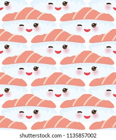 Seamless pattern japanese Kawaii funny Maguro Toro sushi with pink cheeks and big eyes, emoji. white background. Vector