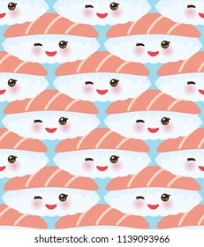 Seamless pattern japanese Kawaii funny Maguro Toro sushi with pink cheeks and big eyes, emoji. blue background. Vector