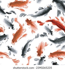 Seamless pattern with japanese koi carps in traditional sumi-e style. Can be used for wallpaper, pattern fills, textile, web page background, surface textures