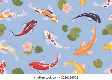Seamless pattern with Japanese koi fish in pond. Chinese carp background. Endless repeatable Japan texture. Printable oriental backdrop. Colored flat vector illustration for printing and decoration