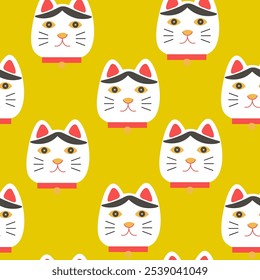 seamless pattern with Japanese lucky cat in doodle style in vector. element for decor postcard poster design print wallpaper wrapping background textile