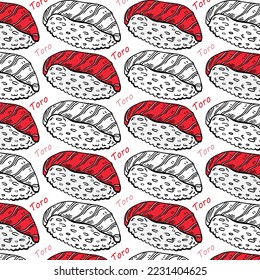 Seamless pattern japanese Maguro Toro sushi. white background. Vector