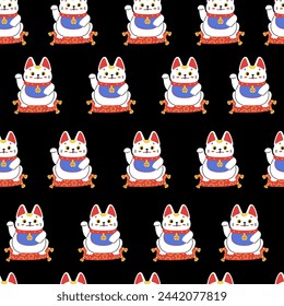 Seamless pattern with Japanese Maneki Neko. The lucky cat wealth symbol. Cartoon kitten sits on a pillow raised paw up. Great fortunes sign in eastern culture, Feng Shui. Vector illustration on black