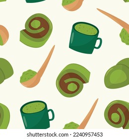 Seamless pattern with japanese matcha desserts - ice cream, mochi and japanese biscuit with cup of tea. Asian food