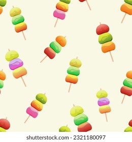 Seamless pattern with japanese mochi dessert. Bright mochi on a stick. Vector illustration