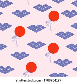 Seamless pattern with Japanese objects. Geometric cloud. crane and red sun. Editable Vector Illustration.