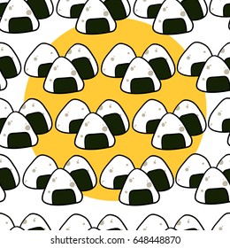 Seamless pattern with japanese onigiri on yellow backgtound in flat style. Vector illustration
