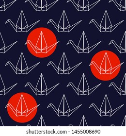 Seamless pattern with Japanese origami cranes and red circles on dark blue background