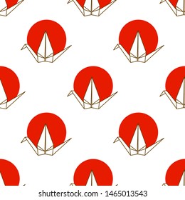 Seamless pattern with Japanese origami cranes and red circles on white background
