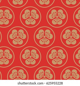 Seamless pattern. Japanese ornament. Yellow flowers on an orange background.
