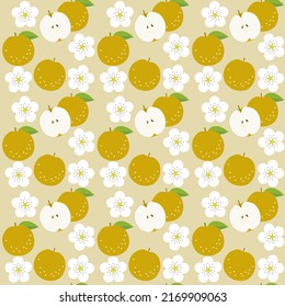 Seamless pattern of Japanese pear fruits and white flowers on beige background