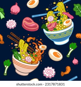 Patrón inmaculado de ramen japonés e ilustración vectorial de ingredientes