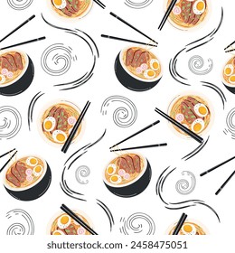 Seamless pattern with Japanese ramen soup. Asian food for printing on paper, textiles, for banners and backgrounds. Vector