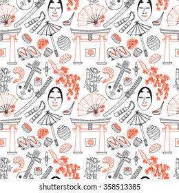 Padrão contínuo com ícones desenhados à mão relacionados ao japonês, incluindo sakura, torii, comida e outros. Doodle vetor Japonês coleção relacionada