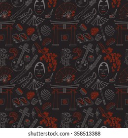 Seamless pattern with Japanese related hand drawn icons including sakura, torii, food and others. Doodle vector Japanese related collection