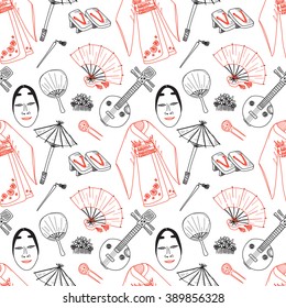 Seamless pattern with Japanese related hand drawn icons. Doodle vector Japanese related collection