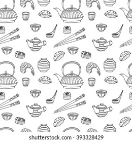Seamless pattern with Japanese related hand drawn icons including teapots and food. Doodle vector Japanese related collection