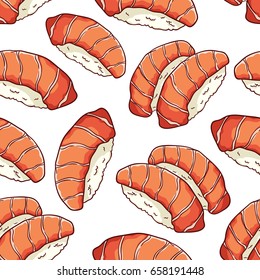 seamless pattern of japanese seafood and the name is sake sushi with rice on white background