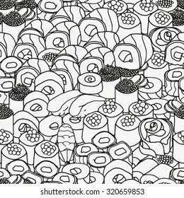 Seamless pattern with Japanese set  sushi, rolls. Pattern for coloring book.  Ethnic, retro, doodle, vector, tribal design element. Black and white  background.