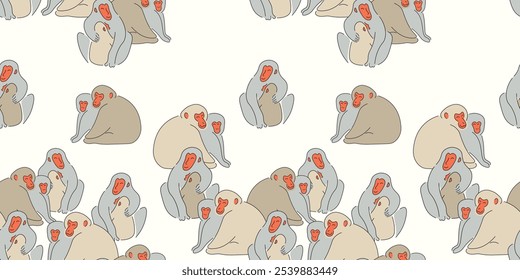 seamless pattern with Japanese snow monkey in doodle style in vector. element for decor postcard poster design print wallpaper wrapping background textile