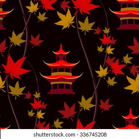 Seamless pattern in the Japanese style with a colored maple leaves and pagoda on a black background.