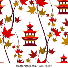 Seamless pattern in the Japanese style with a colored maple leaves and pagoda on a white background.