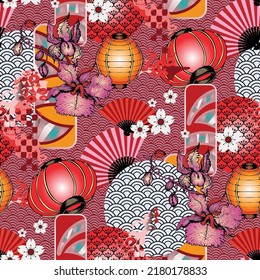Seamless pattern in Japanese style. Fans, lanterns, butterflies, sakura flowers