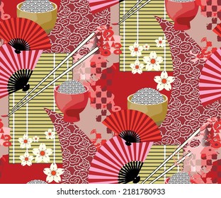 Seamless pattern in Japanese style. Fans, Chopsticks and bowls, sakura flowers.