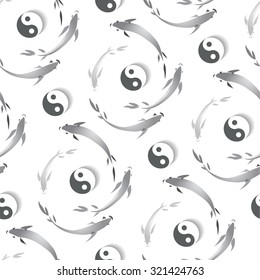 Seamless pattern in the Japanese style with a fish and a sign of yin-yang.Vector  illustration