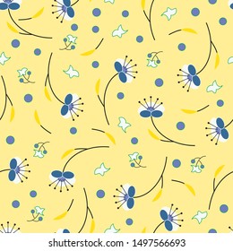 Seamless Pattern with Japanese Style Flowers and Shapes with Yellow Background