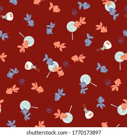 Seamless pattern of a Japanese style goldfish,