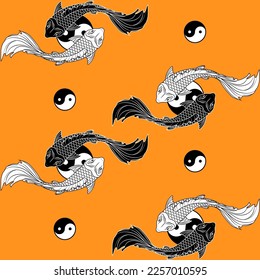 Seamless pattern in Japanese style with koi fish on a bright background with a yin yang sign in black and white