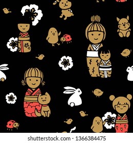 Seamless pattern in japanese style. Kokeshi dolls on a dark background.