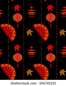 Seamless pattern in the Japanese style with lanterns, pagoda, colored fans and maple leaves on a black background.