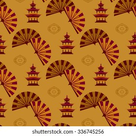 Seamless pattern in the Japanese style with a pagoda and colored fans on a golden background.